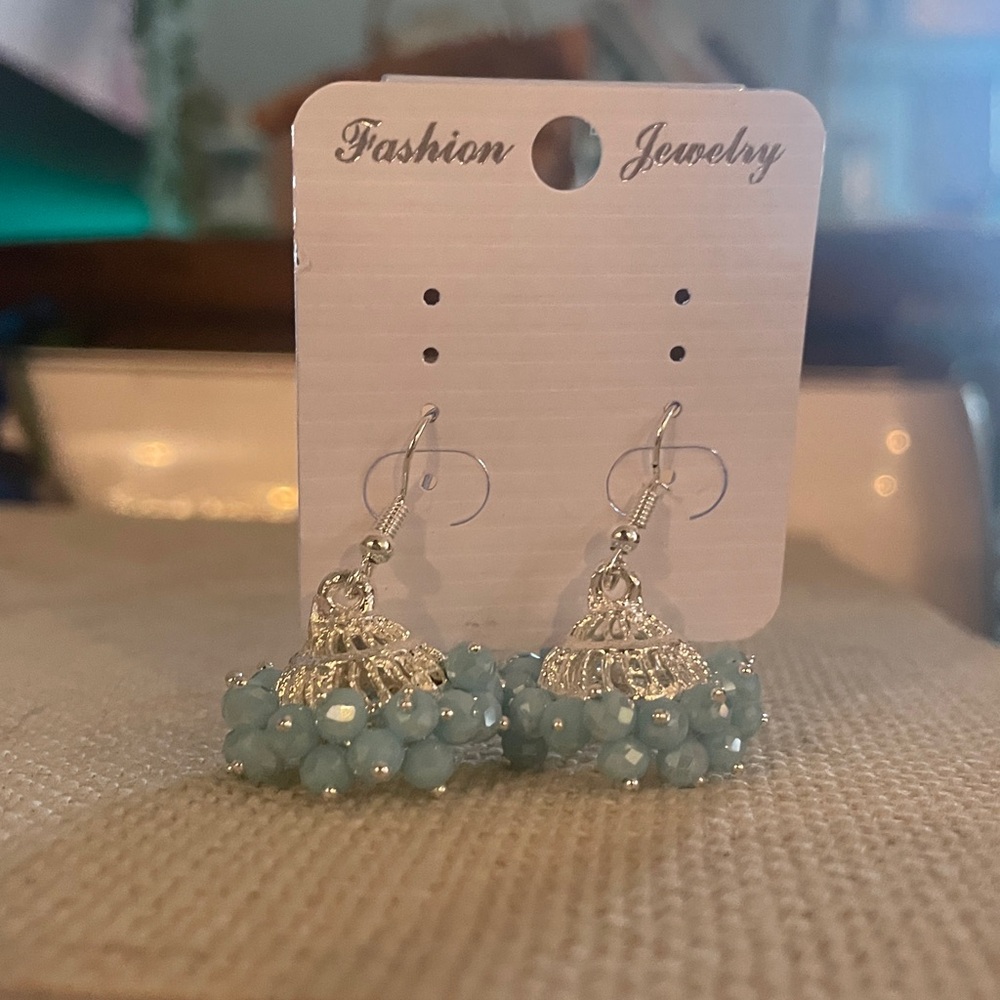 Silver and Blue Jhumkas - Picture 3 of 4